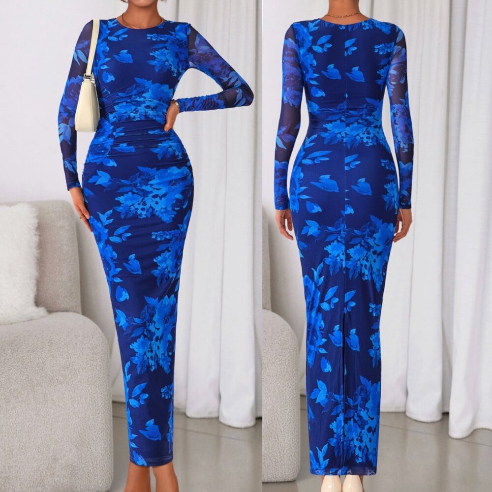 NEW NWT PRETTYGARDEN Long Sleeve Ruched Slit Bodycon Mesh Floral Maxi Dress Navy